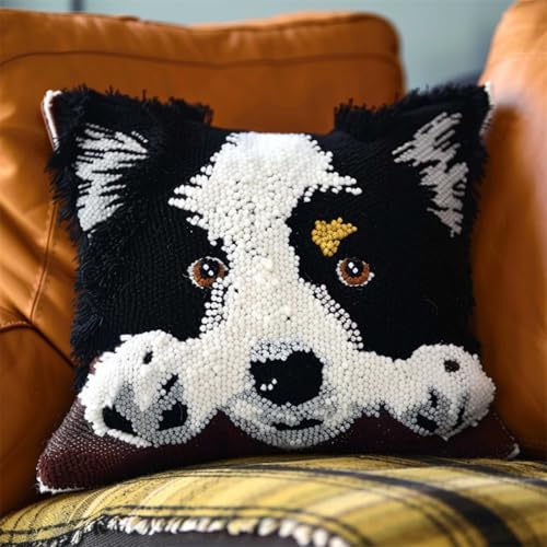 DIY knüpfen set anfänger Border-Collie-Tier knüpfkissen mit vordruck Schwarz-weißer Hund Kits zur Herstellung von Kissenbezügen/Kissenbezügen，Statement-Teppich，Knüpfhaken-Kits für ein St 43x43cm von RKFLGEW