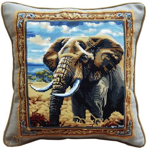 DIY knüpfen set anfänger Elefant Tier knüpfkissen mit vordruck Cartoon-Tiere DIY Wurfkissenbezug，Sofakissenbezug mit bedruckter Leinwand für Anfänger und Erwachsene mit vorgedrucktem Must 43x43cm von RKFLGEW