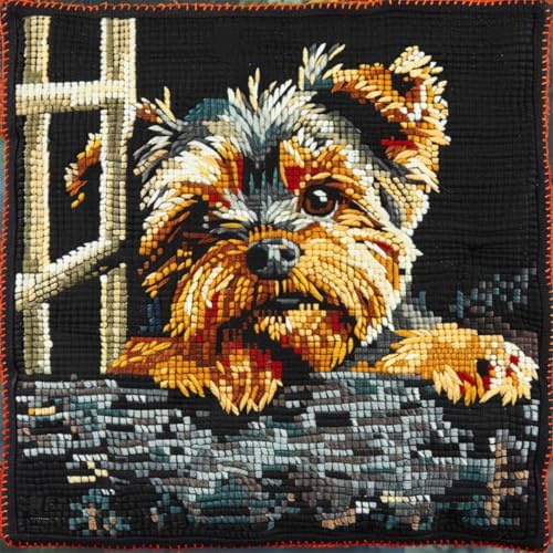 DIY knüpfen set anfänger Yorkshire Terrier Tier knüpfkissen mit vordruck Haustier Hund Kits zur Herstellung von Kissenbezügen/Kissenbezügen，Statement-Teppich，Knüpfhaken-Kits für ein Star 43x43cm von RKFLGEW