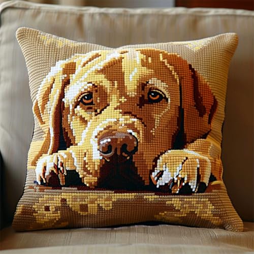 DIY knüpfen set anfänger labrador retriever tier knüpfkissen mit vordruck Cartoon-Hund Bezug Knüpfhaken-Kissenbezug，DIY-Kissenbezug-Set，Kissenbezug-Bastelsets für Erwachsene mit bedruckt 43x43cm von RKFLGEW