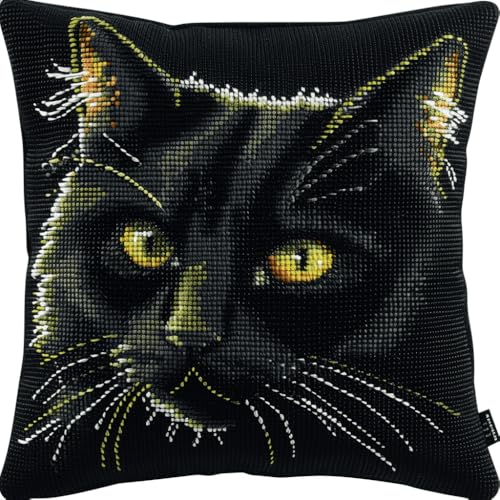 DIY knüpfen set anfänger schwarze katze tier knüpfkissen mit vordruck Fantasie-Katze Knüpfhaken-Kissen-Set，DIY-Kissenbezug zum Basteln，bedruckte Leinwand für Anfänger，Stickerei，Bastelk 43x43cm von RKFLGEW