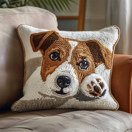 DIY knüpfen set erwachsene Jack Russell TerrierTier knüpfkissen set Süßer Hund DIY Knüpfkissen，Überwurfkissen，Matte，Stickerei-Bastelsets für Anfänger mit aufgedrucktem Muster，Heimdekor 43x43cm von RKFLGEW