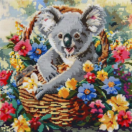 DIY knüpfen set erwachsene Koala und Blumenkorb knüpfkissen Cartoon-Tiere DIY-Kreuzstich-Sofakissenbezug mit Knüpfwerkzeug，passend für Jugendliche und Erwachsene. Knüpfhaken-Kissenbezug-S 43x43cm von RKFLGEW