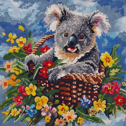 DIY knüpfen set erwachsene Koala und Blumenkorb knüpfkissen set Fantasietiere DIY Wurfkissenbezug，Sofakissenbezug mit bedruckter Leinwand für Anfänger und Erwachsene mit vorgedrucktem Mus 43x43cm von RKFLGEW