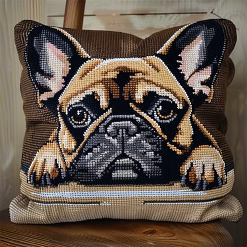 DIY stickpackung kissen Bulldogge Tier knüpfen set erwachsene kissen Süßer Hund DIY-Kreuzstich-Sofakissenbezug mit Knüpfwerkzeug，passend für Jugendliche und Erwachsene. Knüpfhaken-Kissenb 43x43cm von RKFLGEW