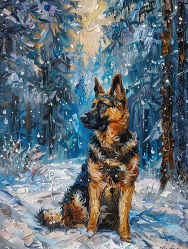 RKFLGEW 14CT Diy Stickset Deutscher Schäferhund Tiere Winter Wald Kreuzstich-Starter-Set Für Erwachsene，Diy-Nadelspitze，Stickmuster，Heimdekoration 80x100cm von RKFLGEW