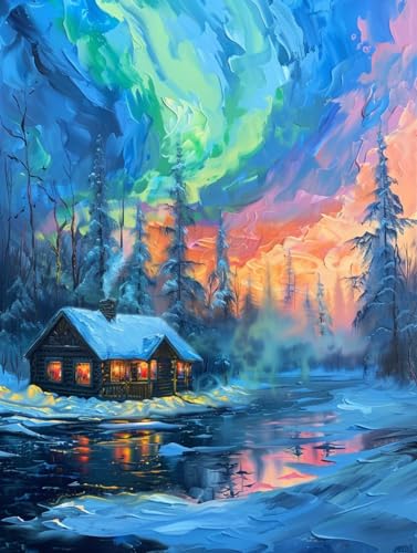 RKFLGEW 14CT Embroidery Kit Aurora Landschaft Winterhütte Diy-Stickerei Für Erwachsene，Handarbeitsset Für Anfänger Mit Mustern，Nadelspitze，Kunst 60x80cm von RKFLGEW