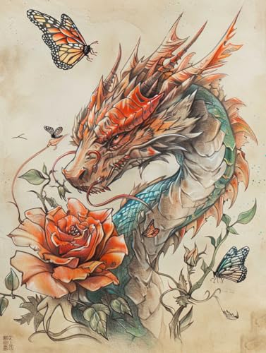 RKFLGEW 14CT Embroidery Kit Drachen Und Blumen Fantasietiere Kreuzstich-Starter-Set Für Erwachsene，Diy-Nadelspitze，Stickmuster，Heimdekoration 30x40cm von RKFLGEW