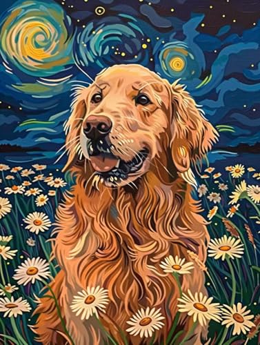 RKFLGEW 14CT Embroidery Kit Golden Retriever Tier Sternenhimmel Landschaft Kreuzstich-Starter-Set Für Erwachsene，Diy-Nadelspitze，Stickmuster，Heimdekoration 80x100cm von RKFLGEW