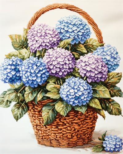 RKFLGEW 14CT Kreuzstich Set Vorgedruckt Blumen Im Korb Gestempeltes Kreuzstich-Kit Bunte Hortensien-Kreuzstich-Sets Stickerei-Starter-Kits Für Anfänger Diy Home Decoration 60x80cm von RKFLGEW