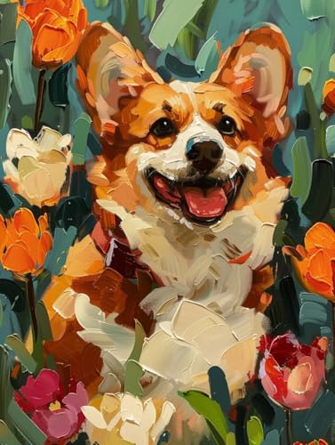 RKFLGEW 14CT Kreuzstich Set Vorgedruckt Corgi Tier Gestempelt Kreuzstich Kit Hund Und Blumen Kreuzstich Sets Stickerei Starter Kits Für Anfänger Diy Home Decoration 40x50cm von RKFLGEW