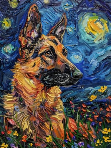 RKFLGEW 14CT Kreuzstich Set Vorgedruckt Deutscher Schäferhund Tier Sternenhimmel Landschaft Stickset Für Anfänger，Erwachsene，Diy-Kreuzstich，Nadelspitze，Heimdekoration 60x80cm von RKFLGEW