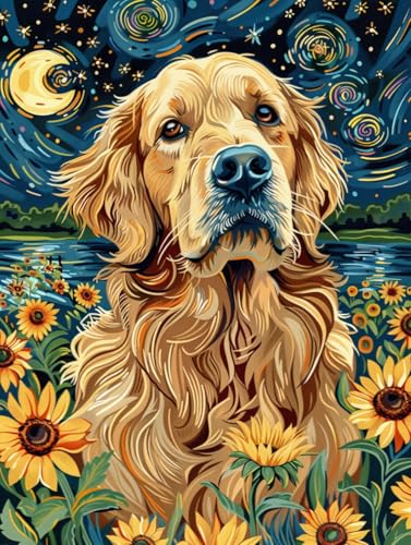 RKFLGEW 14CT Kreuzstich Set Vorgedruckt Golden Retriever Tier Sternenhimmel Landschaft Kreuzstich-Sets，Stick-Starter-Set Für Anfänger，Sticksets Mit Scherenzubehör Diy-Heimdekoration 60x80cm von RKFLGEW