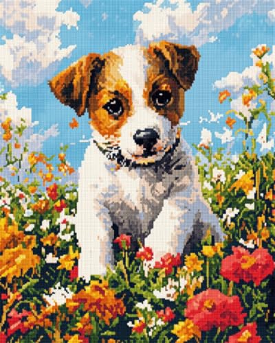 RKFLGEW 14CT Kreuzstich Set Vorgedruckt Jack Russell Terrier Tier Stickset Hund Porträt Kreuzstich Sets Für Anfänger Oder Erwachsene, Diy Easy Counted Kreuzstich Kit 40x50cm von RKFLGEW