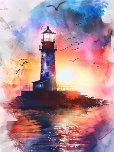 RKFLGEW 14CT Kreuzstich Set Vorgedruckt Sonnenuntergang Und Leuchtturm Gestempelt Kreuzstich Kit Sonnenaufgang Auf See Stickset Für Anfänger Erwachsene Diy Kreuzstiche Nadelspitze Kits 40x50cm von RKFLGEW