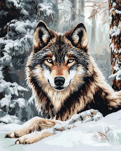 RKFLGEW 14CT Kreuzstich Set Vorgedruckt Wolf Tier Gestempelt Kreuzstich Kit Winter Landschaft Kreuzstich Sets Stickerei Starter Kits Für Anfänger Diy Home Decoration 50x70cm von RKFLGEW