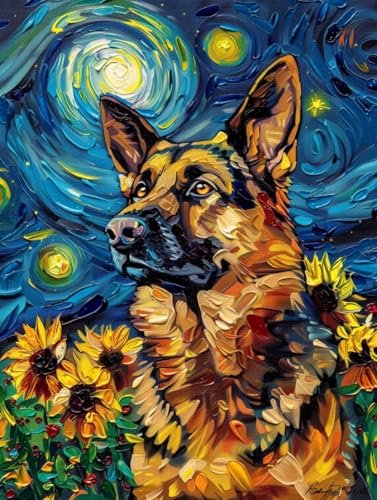 RKFLGEW 14CT Kreuzstich Stickpackungen Deutscher Schäferhund Tier Sternenhimmel Landschaft Vorgedruckte Kreuzstich-Sets Für Erwachsene Und Anfänger，Stickset，Wandkunst，Heimdekoration 60x80cm von RKFLGEW