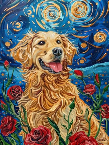 RKFLGEW 14CT Kreuzstich Stickpackungen Golden Retriever Tier Sternenhimmel Landschaft Diy-Kreuzstichmuster，Sets，Kunsthandwerk，Handarbeit，Stickset Für Heimdekoration 30x40cm von RKFLGEW