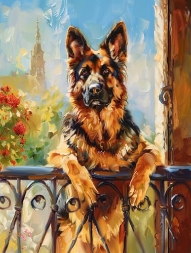 RKFLGEW 14CT Stickbilder Erwachsene Deutscher Schäferhund Tier Kreuzstichset Hund Auf Dem Balkon Vorgedruckter Stoff Kreuzstich Diy Kunst Handarbeiten Sticksets Für Erwachsene Anfänger 30x40cm von RKFLGEW