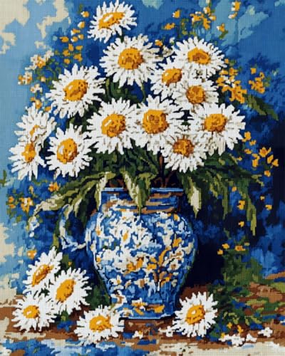 RKFLGEW 14CT Stickbilder Erwachsene Gänseblümchen Blumen In Vase Kreuzstich Kit Weiße Blumen Gezählter Stoff Kreuzstich Diy Kunst Handarbeiten Sticksets 30x40cm von RKFLGEW