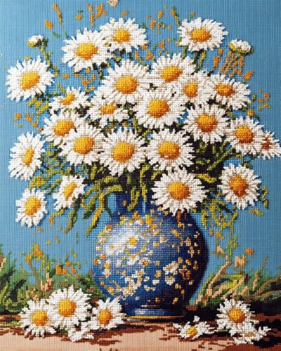 RKFLGEW 14CT Stickbilder Erwachsene Gänseblümchenblumen In Vase Kreuzstich-Set Weiße Blumen Kreuzstich-Sets Für Anfänger Oder Erwachsene, Diy Easy Counted Kreuzstich-Kit 80x100cm von RKFLGEW