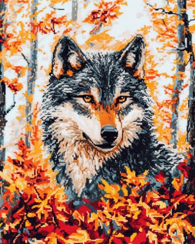 RKFLGEW 14CT Stickbilder Erwachsene Wolf Tier Kreuzstich Kit Wald Landschaft Kreuzstich Starter Kit Für Erwachsene Diy Nadelspitze Sets Stickmuster 60x80cm von RKFLGEW