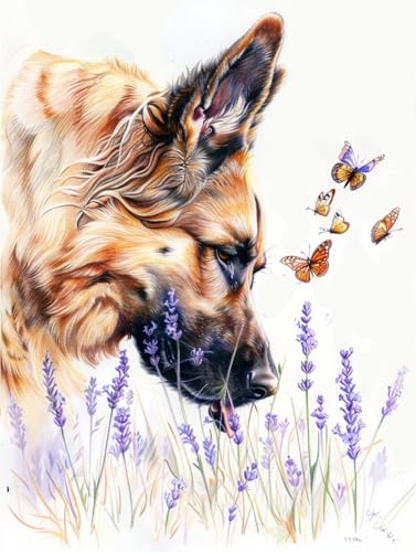 RKFLGEW 14CT Sticken Set Erwachsene Deutscher Schäferhund Tier Kreuzstich Kit Hund Und Lavendel Blumen Gezählter Stoff Kreuzstich Diy Kunst Handarbeiten Stickerei-Sets 50x70cm von RKFLGEW