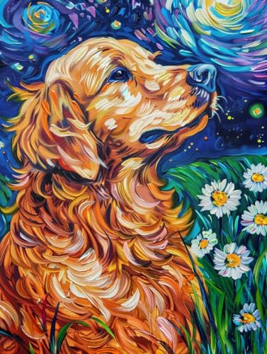 RKFLGEW 14CT Sticken Set Erwachsene Golden Retriever Tier Sternenhimmel Landschaft Kreuzstich-Starter-Set Für Erwachsene，Diy-Nadelspitze，Stickmuster，Heimdekoration 80x100cm von RKFLGEW