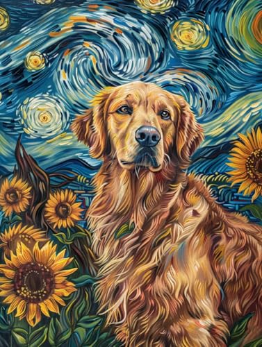 RKFLGEW 14CT Stickset Erwachsene Golden Retriever Tier Sternenhimmel Landschaft Kreuzstich-Starter-Set Für Erwachsene，Diy-Nadelspitze，Stickmuster，Heimdekoration 80x100cm von RKFLGEW