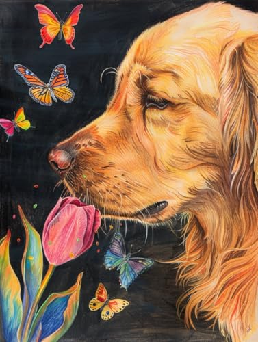 RKFLGEW 14CT Stickset Für Anfänger Golden Retriever Tier Kreuzstich Set Fantasy Hund Vorgedruckte Kreuzstich Kits Für Erwachsene Anfänger, Stickerei Kit Wandkunst Wohnkultur 40x50cm von RKFLGEW