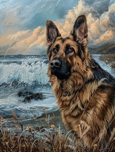 RKFLGEW 14CT Zählbare Kreuzstich-Sets Deutscher Schäferhund Tier Kreuzstich Set Hund Ölgemälde Vorgedruckte Kreuzstich Sets Für Erwachsene Anfänger, Stickset Wandkunst Wohnkultur 40x50cm von RKFLGEW