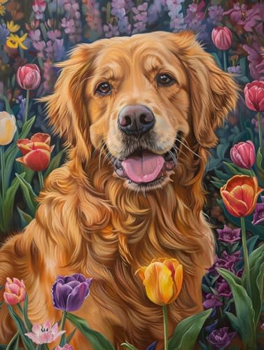 RKFLGEW 14CT Zählbare Kreuzstich-Sets Golden Retriever Tier Kreuzstich Set Hund Und Blumen Stickset Für Anfänger Erwachsene Diy Kreuzstiche Nadelspitze Sets 30x40cm von RKFLGEW