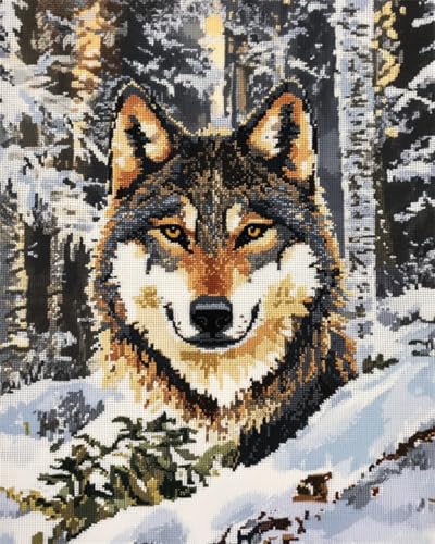 RKFLGEW 14CT Zählbare Kreuzstich-Sets Wolf Tier Kreuzstich Set Winter Landschaft Diy Stickerei Für Erwachsene Anfänger Handarbeitsset Mit Mustern Nadelspitze Kunst 30x40cm von RKFLGEW