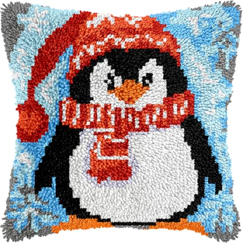 RKFLGEW DIY Knüpfen Set Anfänger Cartoon-Pinguin Knüpfkissen Mit Vordruck Fantasietiere DIY Knüpfhaken-Set，Kissen，Bedrucktes Kissen，Häkelgarn，Stickerei，Handarbeit，Stickset B43x43cm von RKFLGEW