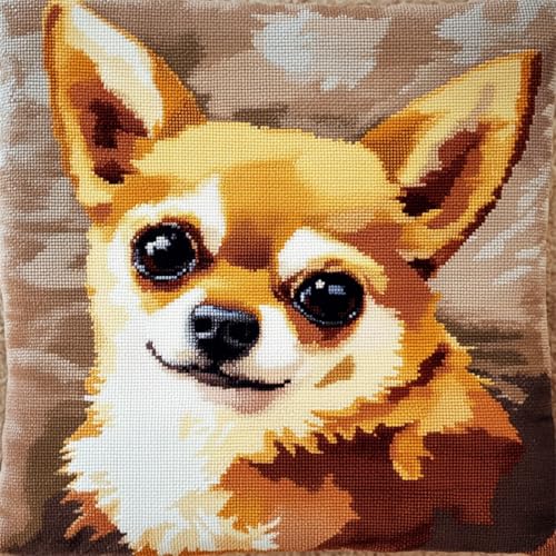 RKFLGEW DIY Knüpfen Set Anfänger Chihuahua Hund Tier Knüpfset Für Kissen，Diy，Handgefertigtes Wurfkissenbezug，Häkelgarn，Stickerei，Knüpfset Für Kissenbezüge 43x43cm von RKFLGEW