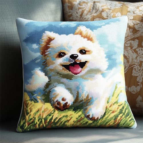 RKFLGEW DIY Knüpfen Set Erwachsene Cartoon Kleiner Weißer Hund Tier Kissenbezug Zum Selbermachen Für Anfänger Und Erwachsene，Geschenke Für Familie，Freunde，Handarbeiten，Basteln 43x43cm von RKFLGEW