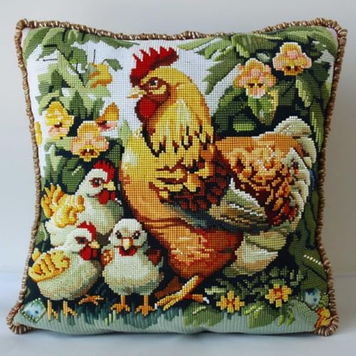 RKFLGEW DIY Knüpfen Set Erwachsene Kissen Henne Und Küken Tiere Diy-Kissenbezug，Häkelgarn，Nadel，Basteln，Handgefertigtes Kissen Für Zuhause，Sofa-Dekoration 43x43cm von RKFLGEW