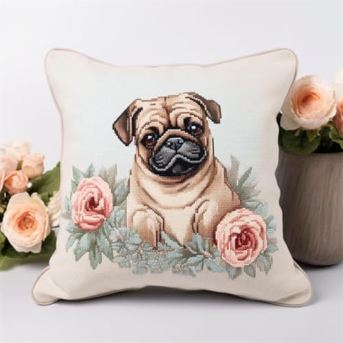 RKFLGEW DIY Knüpfen Set Erwachsene Kissen Tier Mops Und Blumen 3D-Kissen-Materialpaket，Knüpfhaken-Sticksets，Diy-Teppichkissen，Häkelkissenbezug Für Zuhause 43x43cm von RKFLGEW