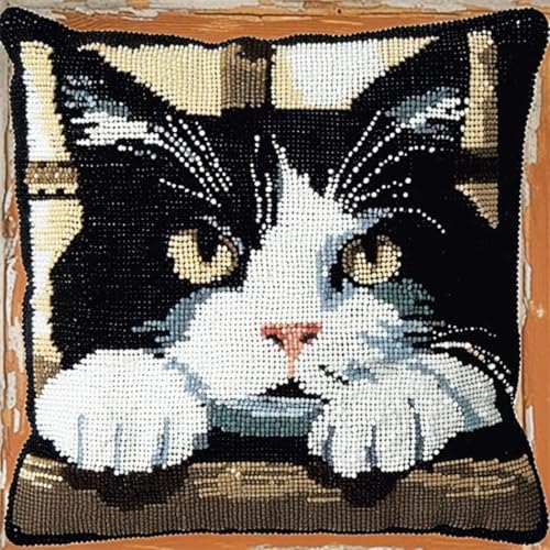 RKFLGEW DIY Knüpfen Set Erwachsene Schwarz Und Weiß Katze Tier DIY Haken Häkeln Garn Nadel Handwerk Einfache Handgemachte Kissen Für Home Sofa Dekoration 43x43cm von RKFLGEW