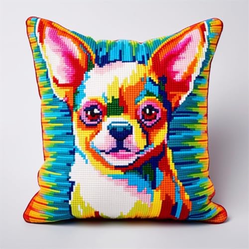 RKFLGEW DIY Knüpfen Set Farbiges Chihuahua-Hundetier Kits Zur Herstellung Von Kissenbezügen，Statement-Teppich，DIY Knüpfhaken-Kits Für Ein Starterprojekt 43x43cm von RKFLGEW