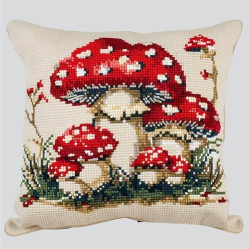 RKFLGEW DIY Knüpfen Set Kissen Cartoon-Pilz DIY Knüpfkissen，Überwurfkissen，Matte，Stickerei-Bastelsets Für Anfänger Mit Aufgedrucktem Muster，Heimdekoration 43x43cm von RKFLGEW