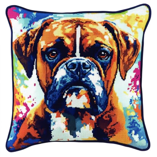 RKFLGEW DIY Knüpfhaken Set Boxer Hund Tier Knüpfhaken-Kissen-Set，Diy-Kissenbezug Zum Basteln，Bedruckte Leinwand Für Anfänger，Stickerei，Bastelkissen 43x43cm von RKFLGEW