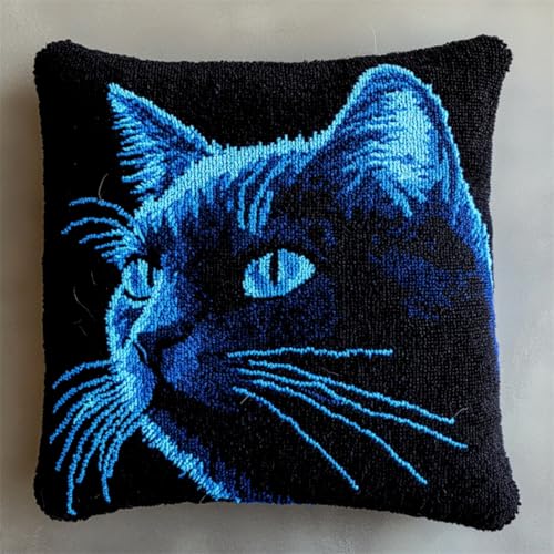 RKFLGEW DIY Knüpfkissen Mit Vordruck Fantasie Tier Schwarze Katze DIY Haken-Knüpfset，Kissenbezug，Teppich，Bedrucktes Kissen，Häkelgarn，Stickerei，Dekoration，Anfänger-Knüpfset 43x43cm von RKFLGEW