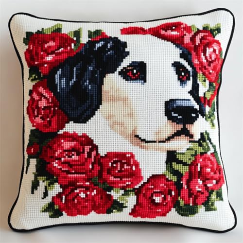 RKFLGEW DIY Knüpfkissen Mit Vordruck Tier，Hund，Und，Rosen Diy-Kissenbezug，Häkelgarn，Nadel，Basteln，Handgefertigtes Kissen Für Zuhause，Sofa-Dekoration 43x43cm von RKFLGEW