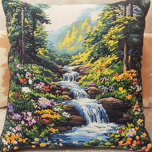 RKFLGEW DIY Knüpfstern Bergwaldbachlandschaft Knüpfset Für Kissen，Diy，Handgefertigtes Wurfkissenbezug，Häkelgarn，Stickerei，Knüpfset Für Kissenbezüge 43x43cm von RKFLGEW