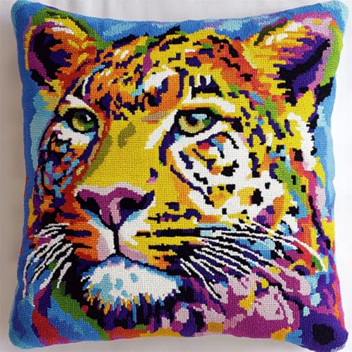 RKFLGEW DIY Knüpfstern Bunter Tierleopard DIY Knüpfkissen，Überwurfkissen，Matte，Stickerei-Bastelsets Für Anfänger Mit Aufgedrucktem Muster，Heimdekoration 43x43cm von RKFLGEW