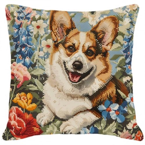 RKFLGEW DIY Knüpfstern Corgi Hund Tier Und Blumen Kits Zur Herstellung Von Kissenbezügen，Statement-Teppich，DIY Knüpfhaken-Kits Für Ein Starterprojekt 43x43cm von RKFLGEW