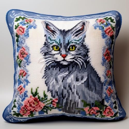 RKFLGEW DIY Knüpfstern Tiere，Katzen Und Blumen Knüpfhaken-Kissen-Set，Diy-Kissenbezug Zum Basteln，Bedruckte Leinwand Für Anfänger，Stickerei，Bastelkissen 43x43cm von RKFLGEW