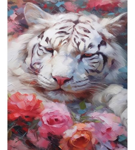 RKFLGEW DIY Perlenstickerei-Set Fantasy Weißer Tiger Perlenstickerei-Set Blumen Und Tiere Nadelstich-Sets Perlen-Kreuzstich 3D-Perlenmalerei Handarbeit 50x70cm von RKFLGEW