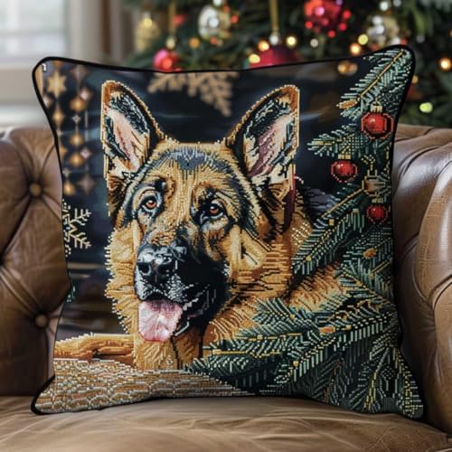 RKFLGEW DIY Stickpackung Kissen Deutscher Schäferhund Tier Diy-Kissenbezug，Häkelgarn，Nadel，Basteln，Handgefertigtes Kissen Für Zuhause，Sofa-Dekoration 43x43cm von RKFLGEW